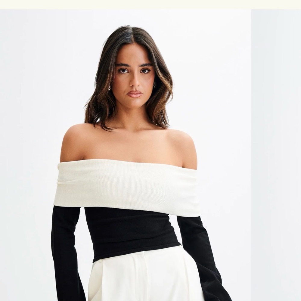 Meshki Off-Shoulder Black and Cream Sweater